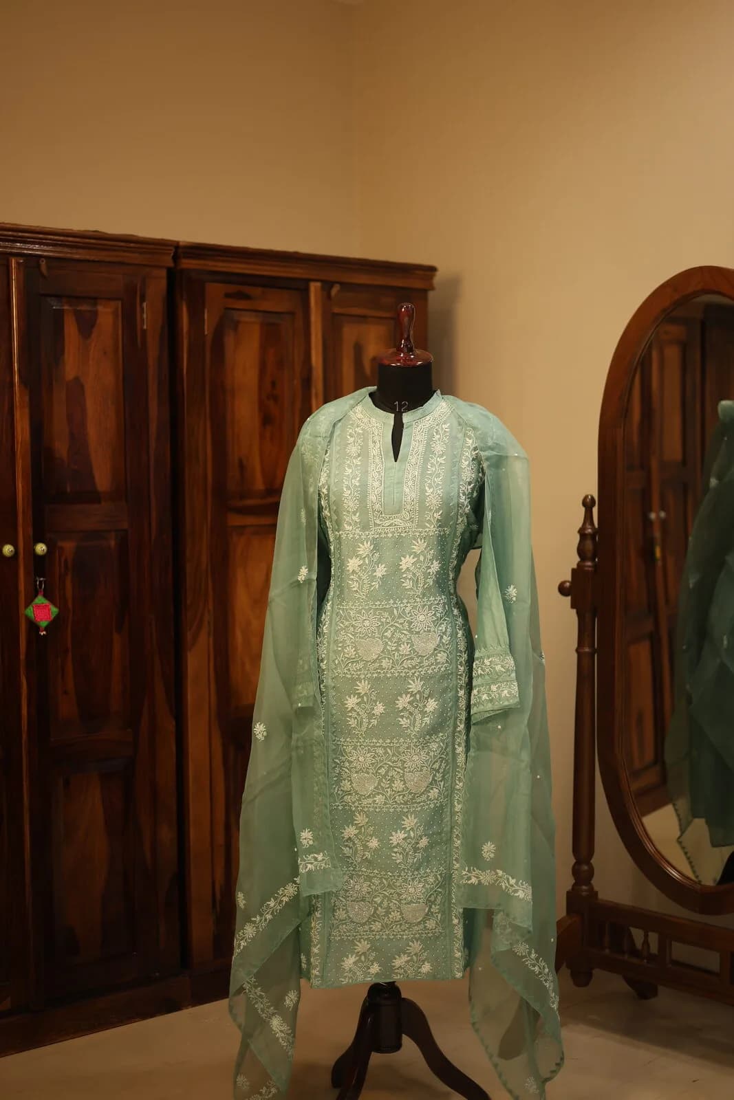 SAGE GREEN CHIKANKARI 3 PIECE SUIT WITH ADDONS