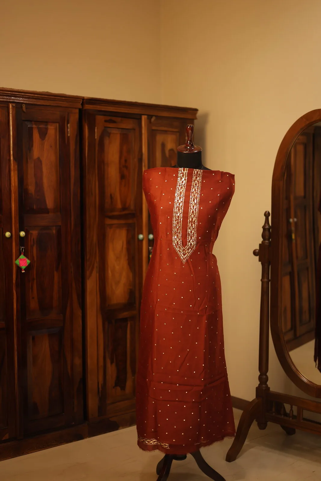 Rust Red Dotted Embroidered Kurta