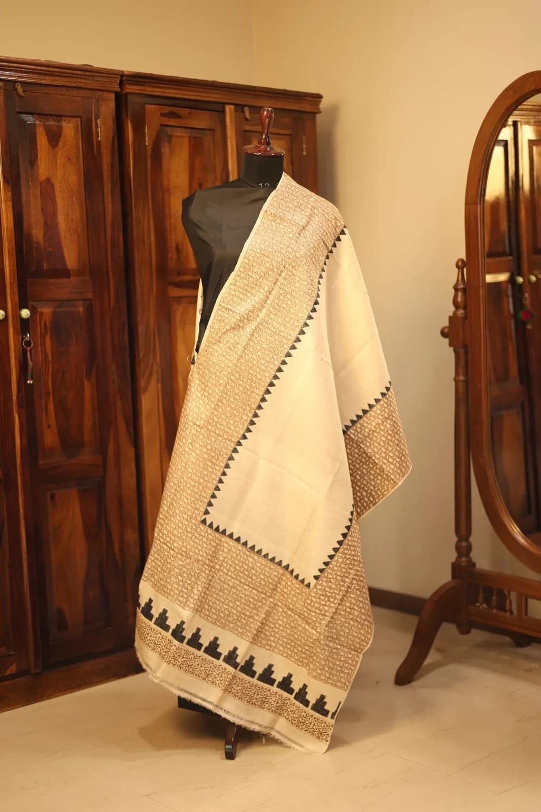 Beige Block-Print Kantha Dupatta