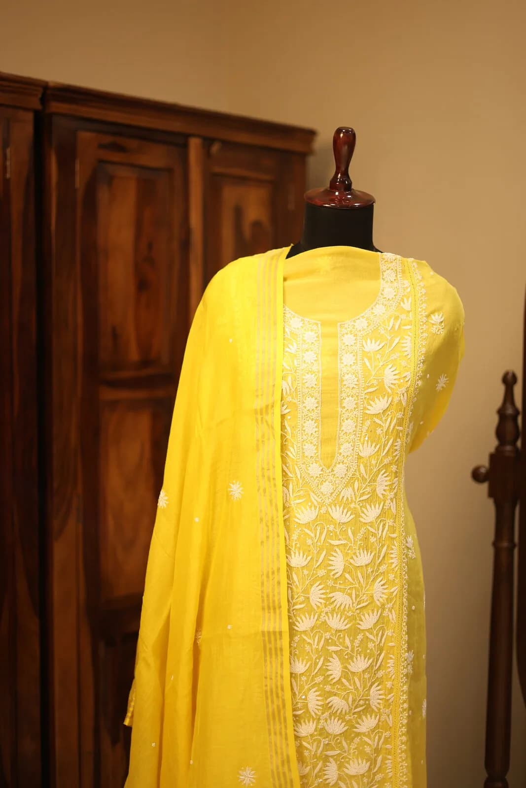 YELLOW CHIKANKARI SUIT WITH LOTUS DESIGN