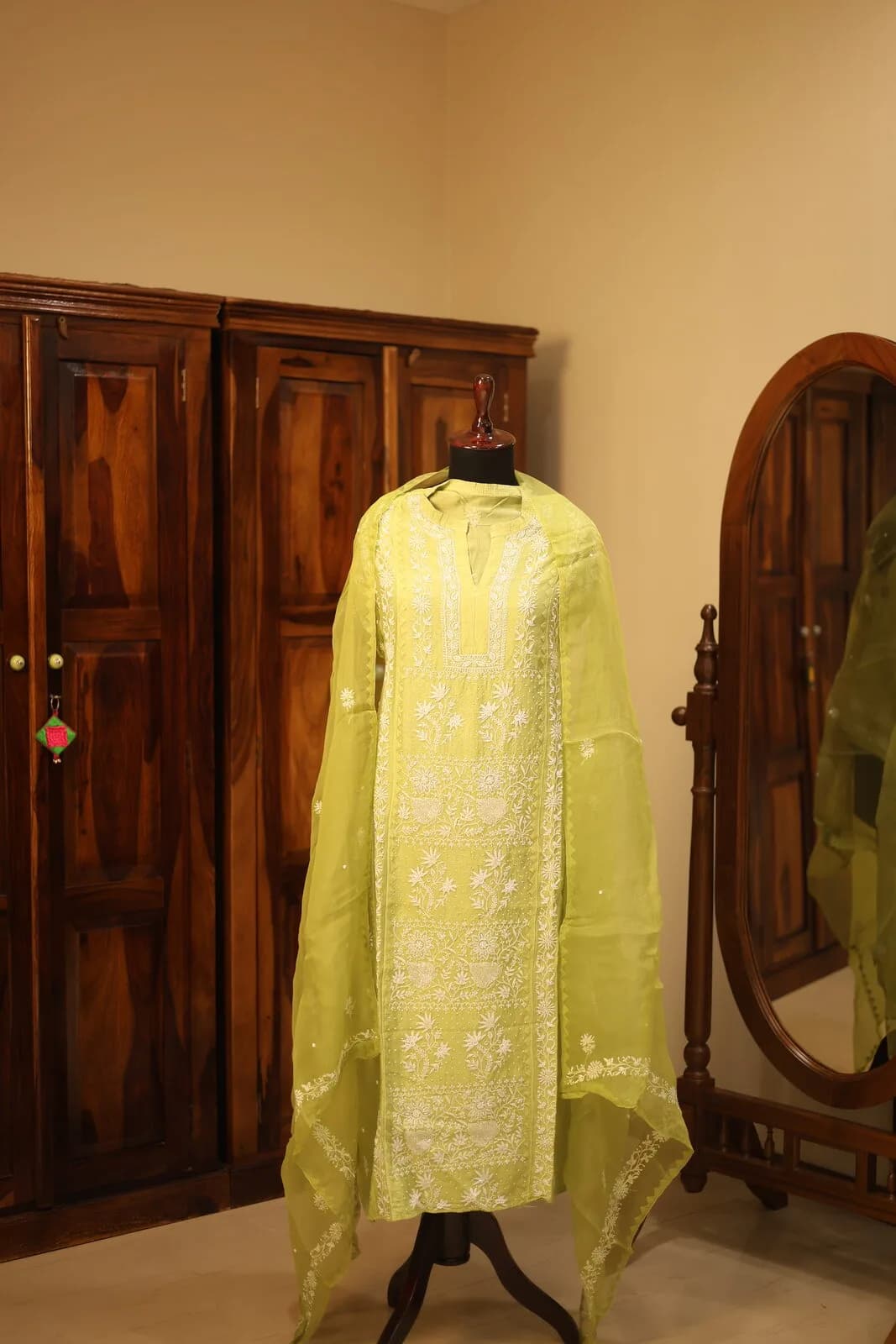 Lime Green Salwar Kameez with White Embroidered Detailing