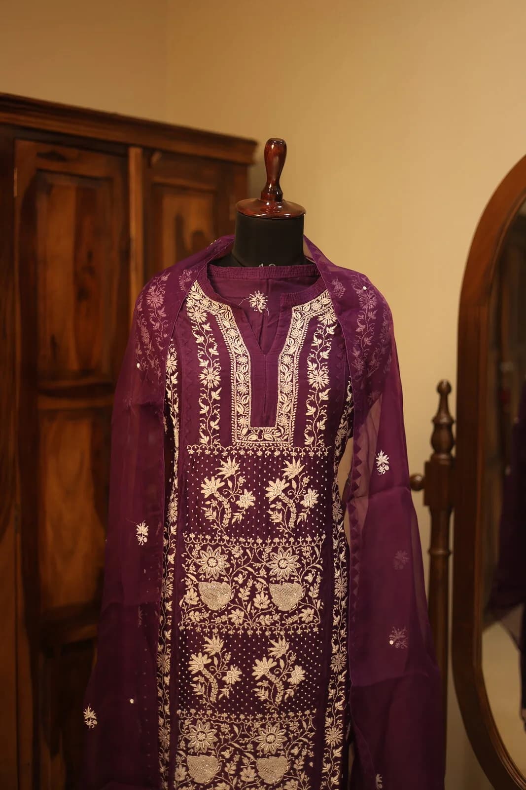 Maroon-Purple Salwar Kameez with White Embroidered Detailing