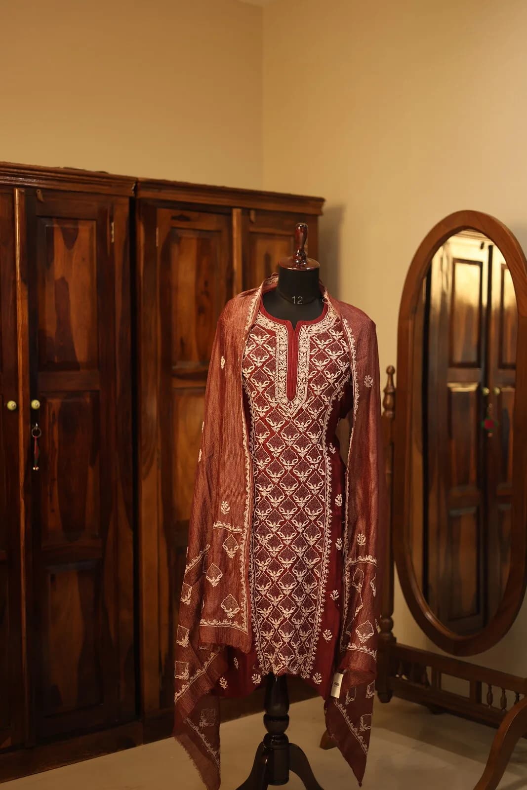 Maroon Geometric Brocade Kurta with Ornamental Embroidery