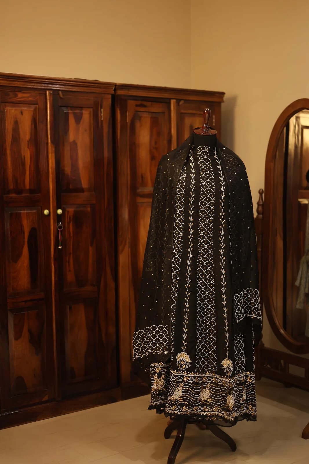 Black Kurta with Multi-Pattern Gold and Cream Embroidery