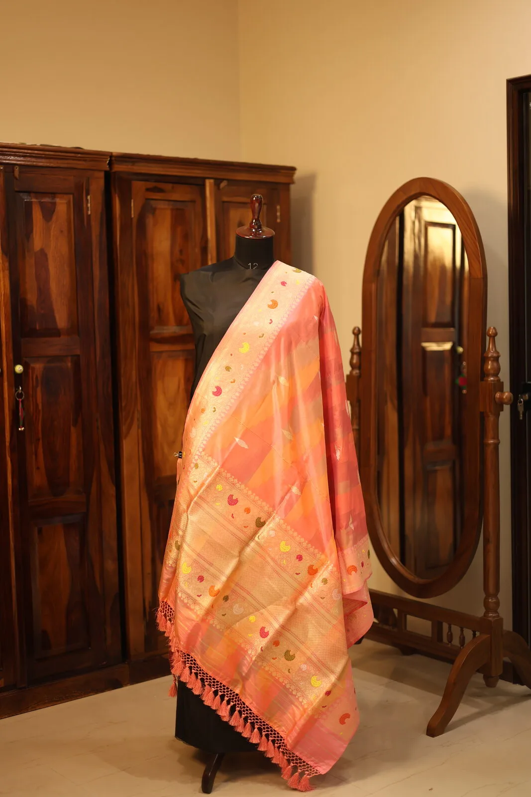 Coral Silk Saree with Striped Border