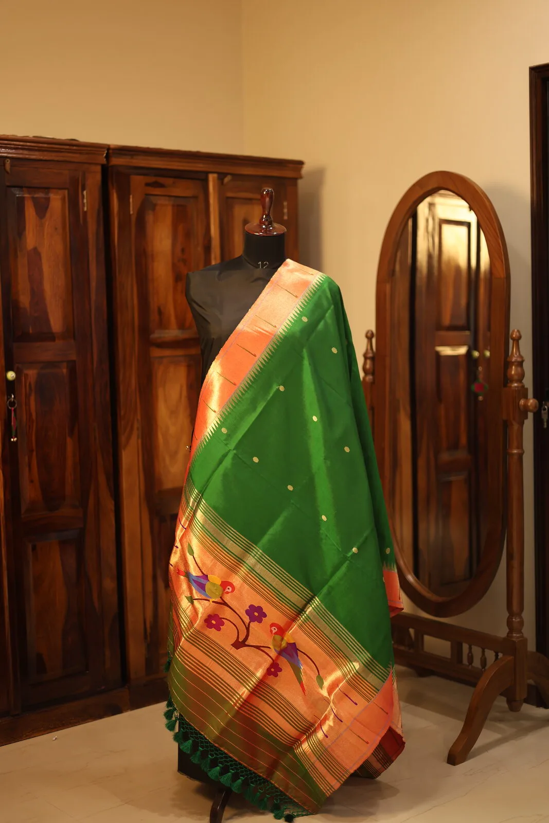 Green and Orange Silk Saree with Floral Pallu