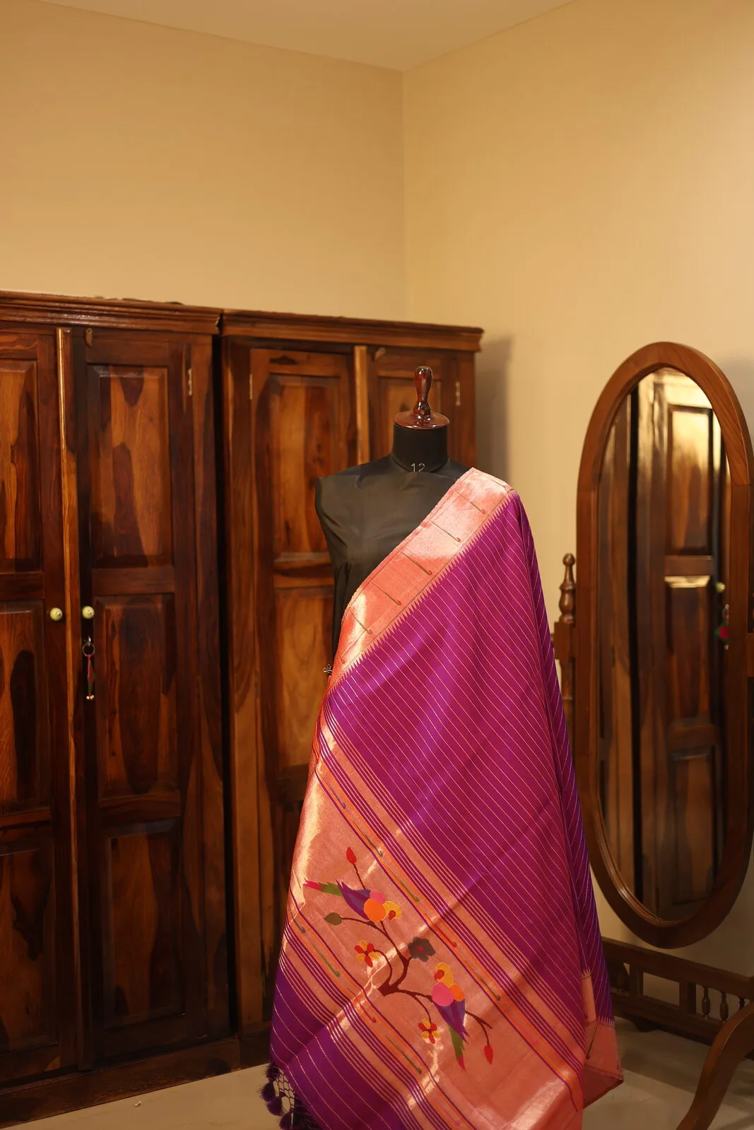 Magenta Striped Saree with Floral Embroidery
