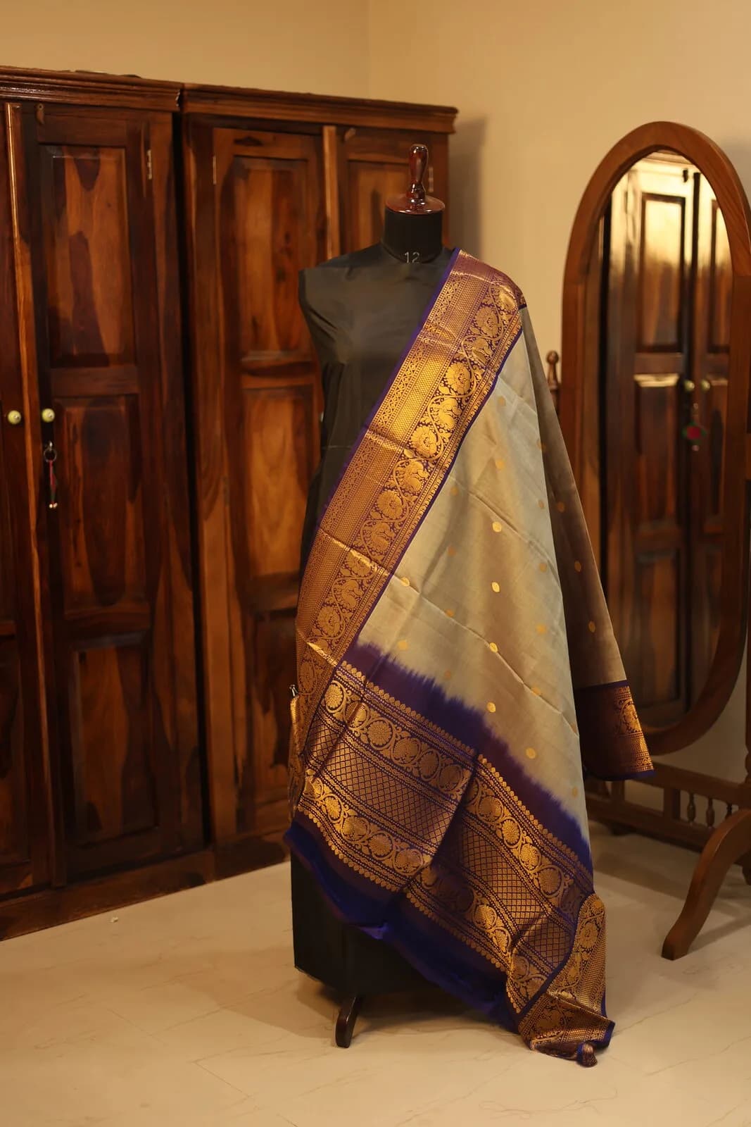 Navy Blue and Gold Traditional Saree with Geometric Border