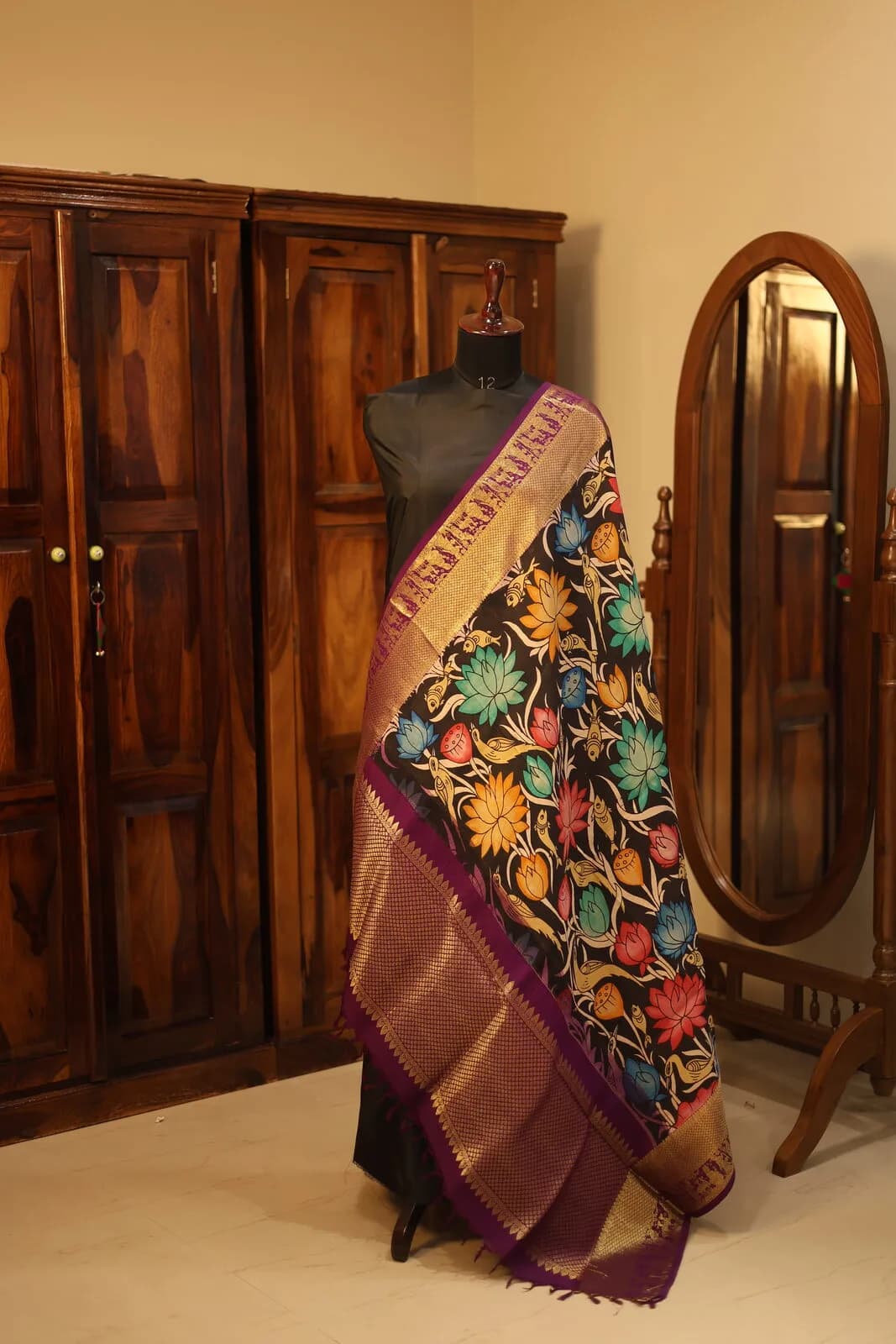 Black Saree with Colorful Floral Botanical Print and Purple Border