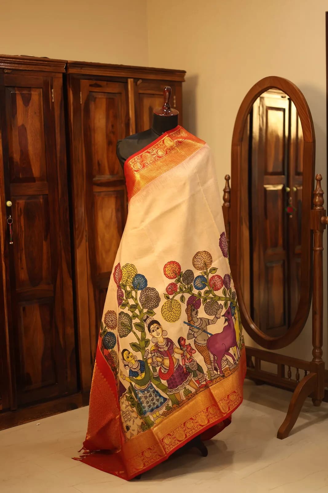 Cream Saree with Colorful Floral Botanical Print and Orange Red Border