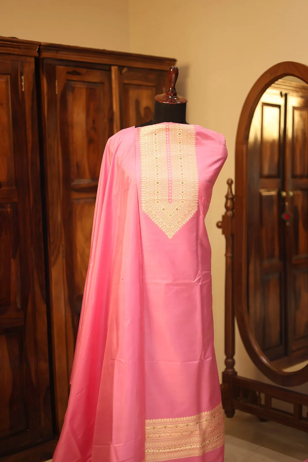 Bright Pink Salwar Kameez with Cream Embroidered Neckline