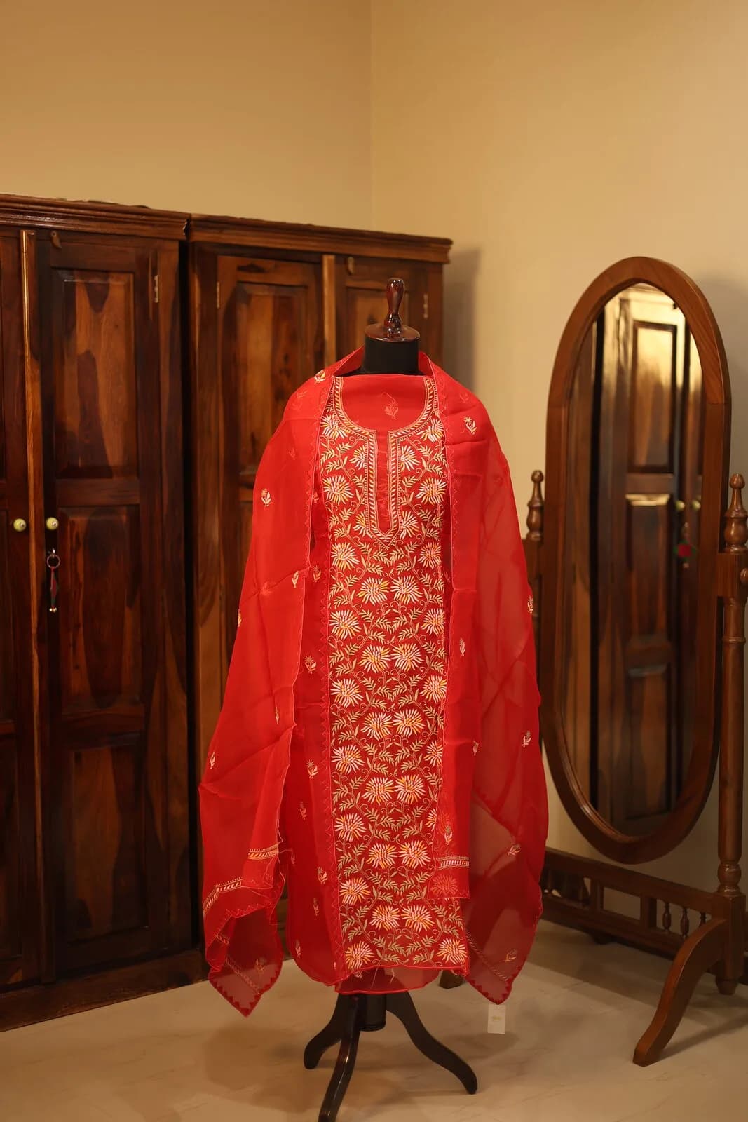 Red Silk Salwar Kameez with Gold Embroidery