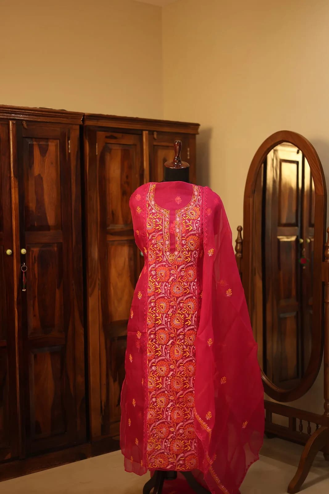 Magenta Silk Kurta with Gold Damask Embroidery