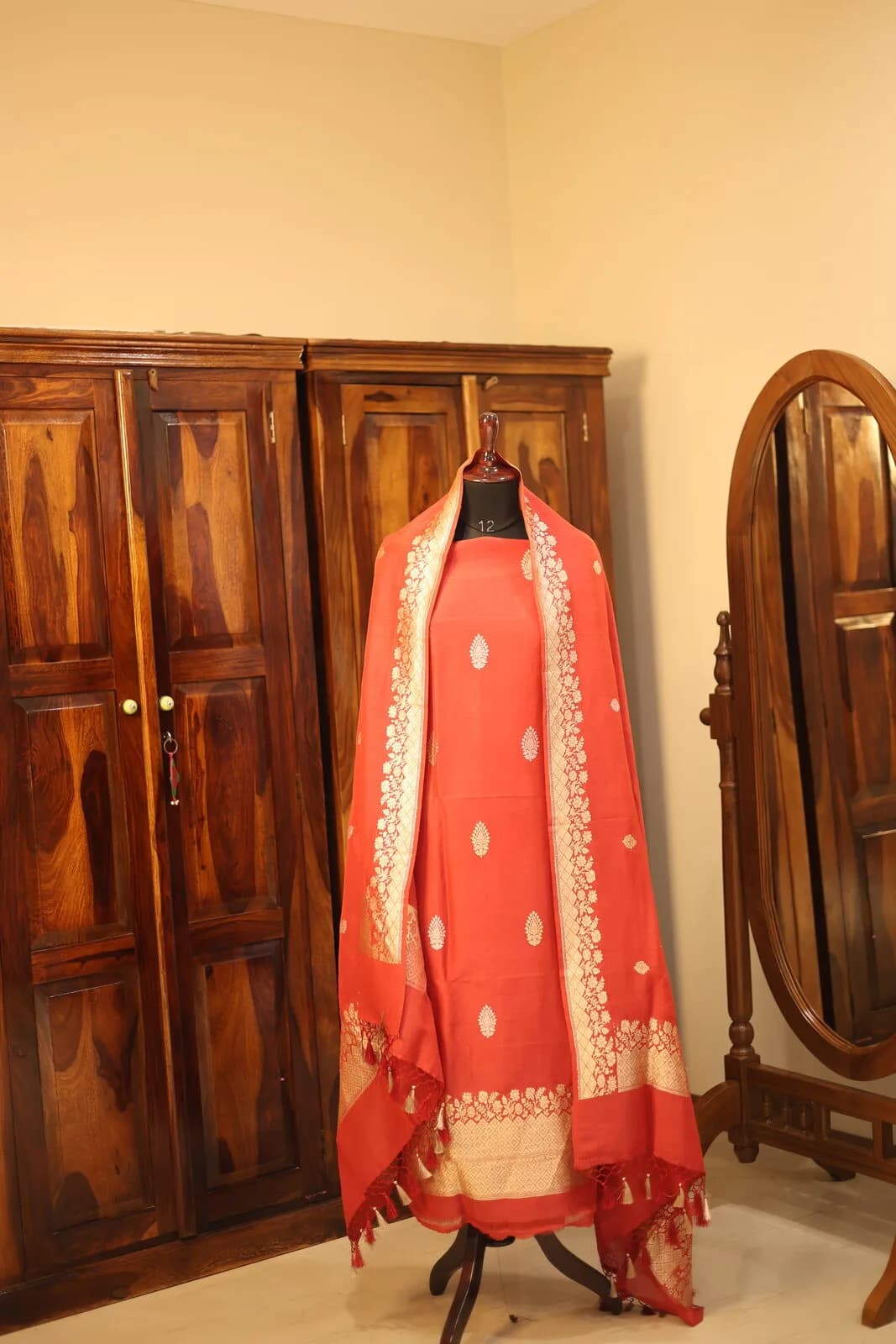 Coral Red Salwar Kameez with Polka Dot Pattern