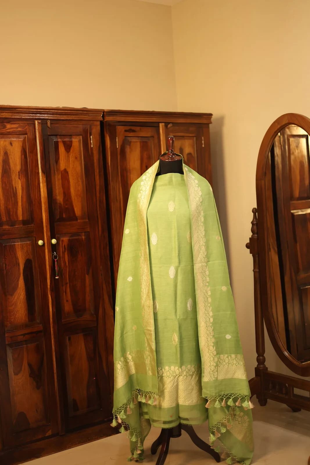 Lime Green Dotted Ethnic Kurti with Gold Trim