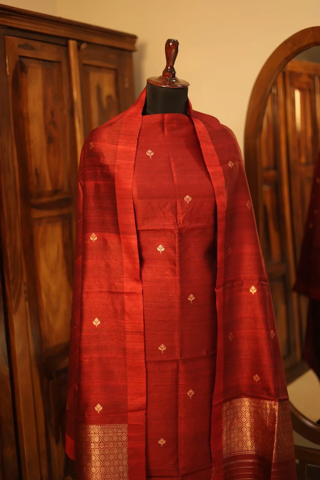 Deep Red Silk Saree with Gold Diamond Motifs