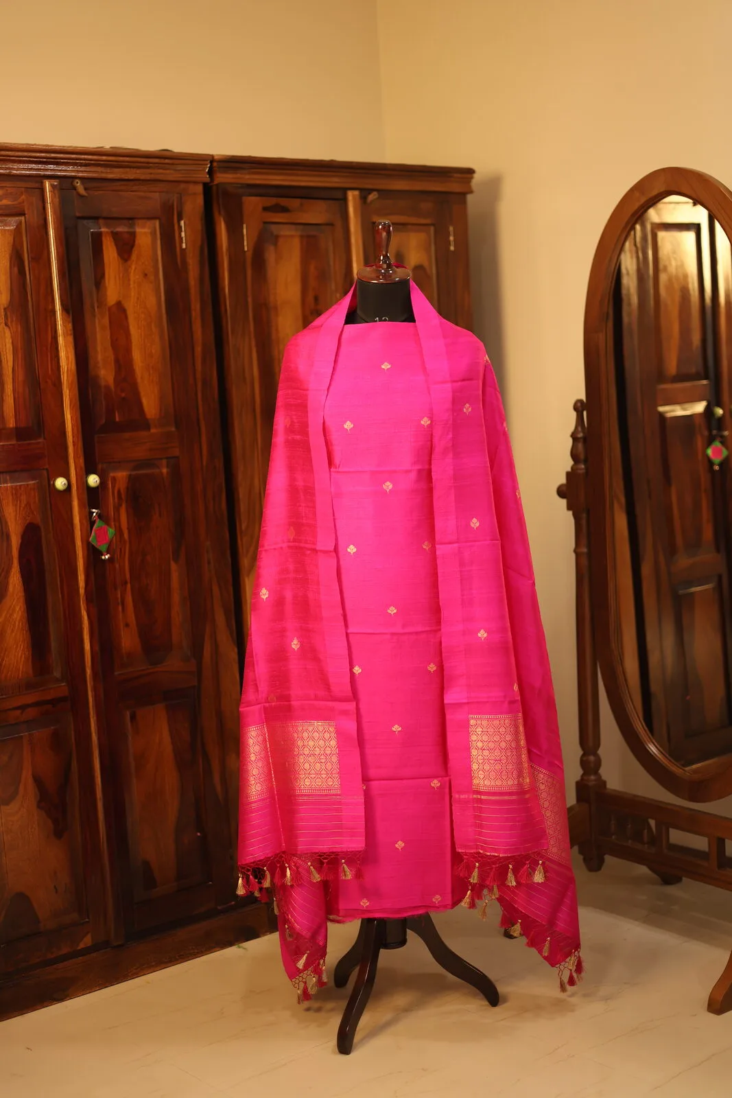 Hot Pink Silk Saree with Gold Geometric Pattern